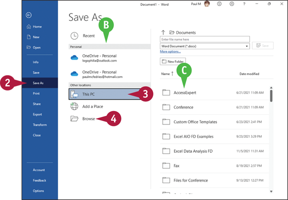 Snapshot of locations to save a file.