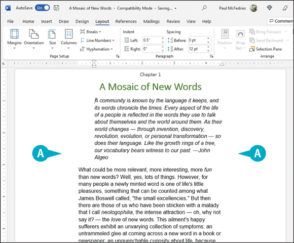 Snapshot of word applies new margins.