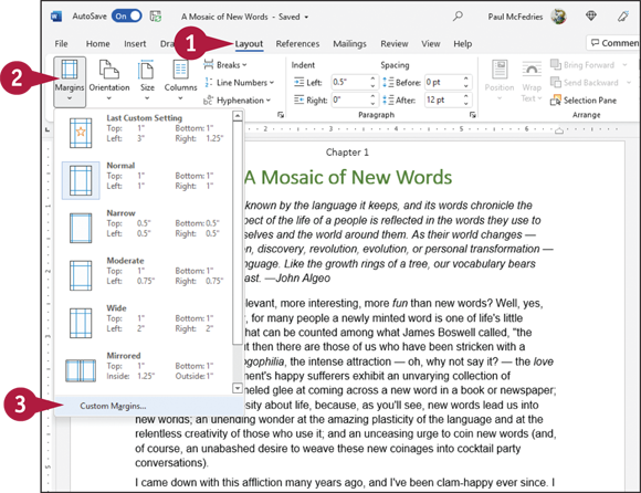 Snapshot of word applies new settings.