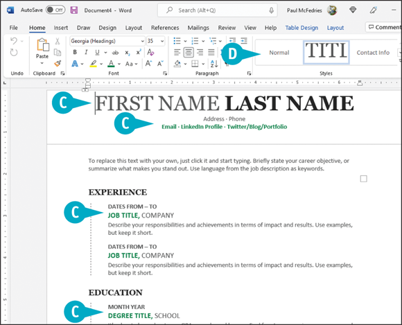 Snapshot of document containing the template’s styles appears.