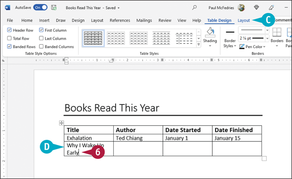 Snapshot of added table to document.