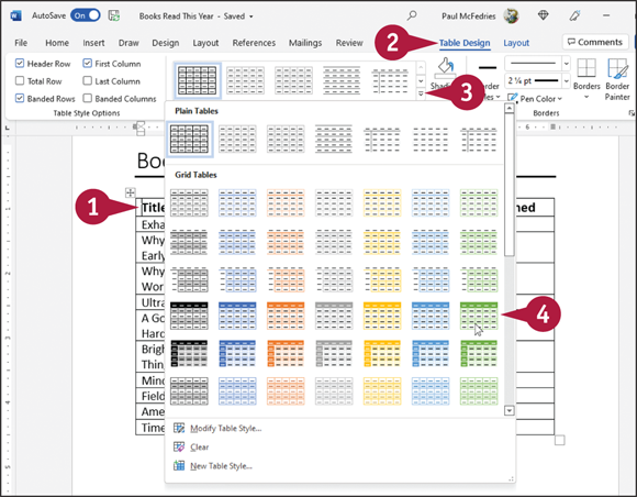 Snapshot of apply table styles.