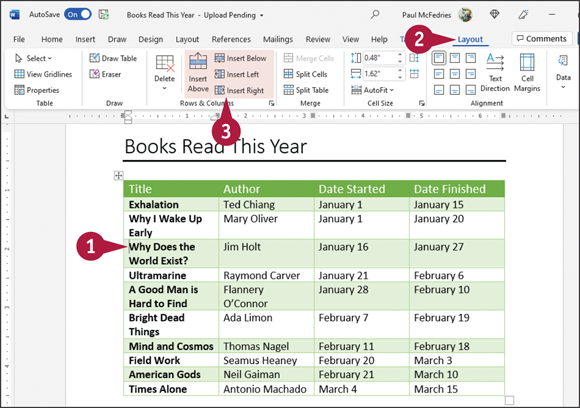 Snapshot of insert table rows or columns.