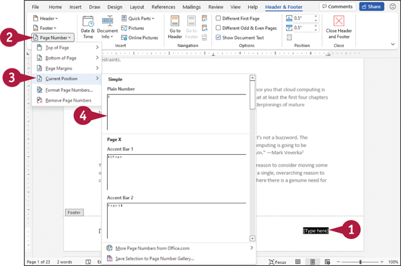 Snapshot of add page number field.