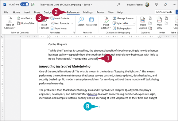 Snapshot of insert a endnote.