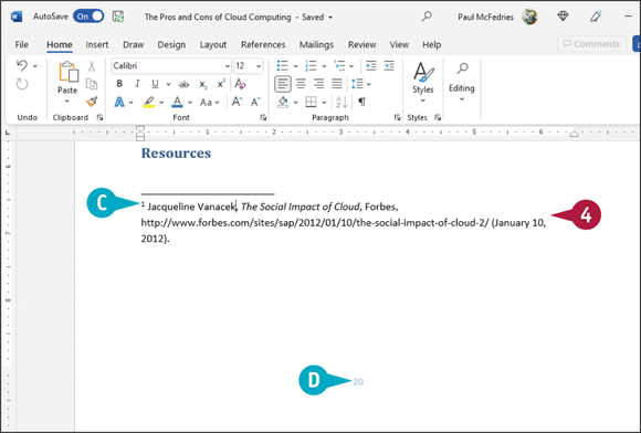 Snapshot of word inserts a endnote.