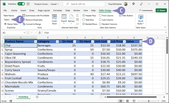 Snapshot of excel creates a table and
applies a table style.