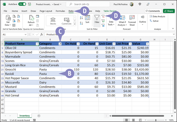 Snapshot of excel displays only the data meeting the
criteria you selected.