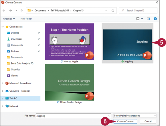 Snapshot of choose content dialog box opens.