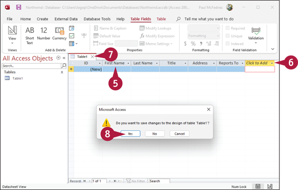 Snapshot of Access prompts you to save the
table changes.
