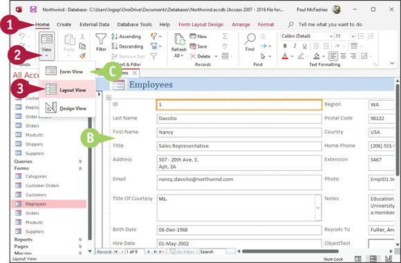 Snapshot of access displays the form in
Design view.