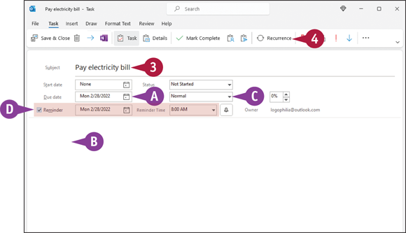 Snapshot of outlook displays a Task window.