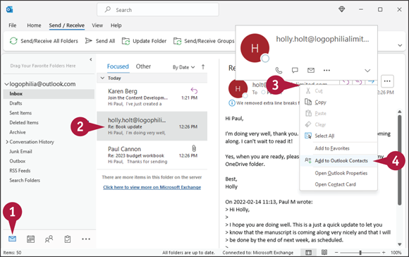 Snapshot of add a sender to your outlook contacts.