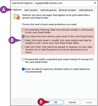 Snapshot of junk email options dialog
box appears.