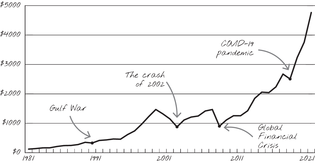 Graph depicts the last 40 years of the S&P 500.