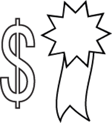 Schematic illustration of dollar signs mean money, and a ribbon can suggest a prize or the best of what has been discussed.