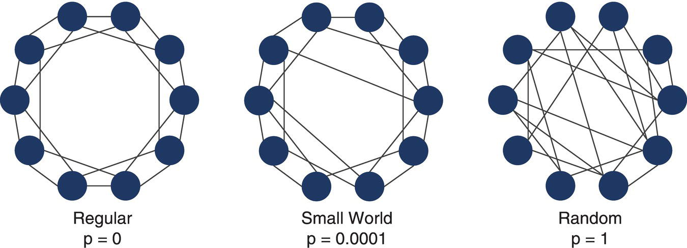 Schematic illustration of the three types of graphs, regular, small world, and random.