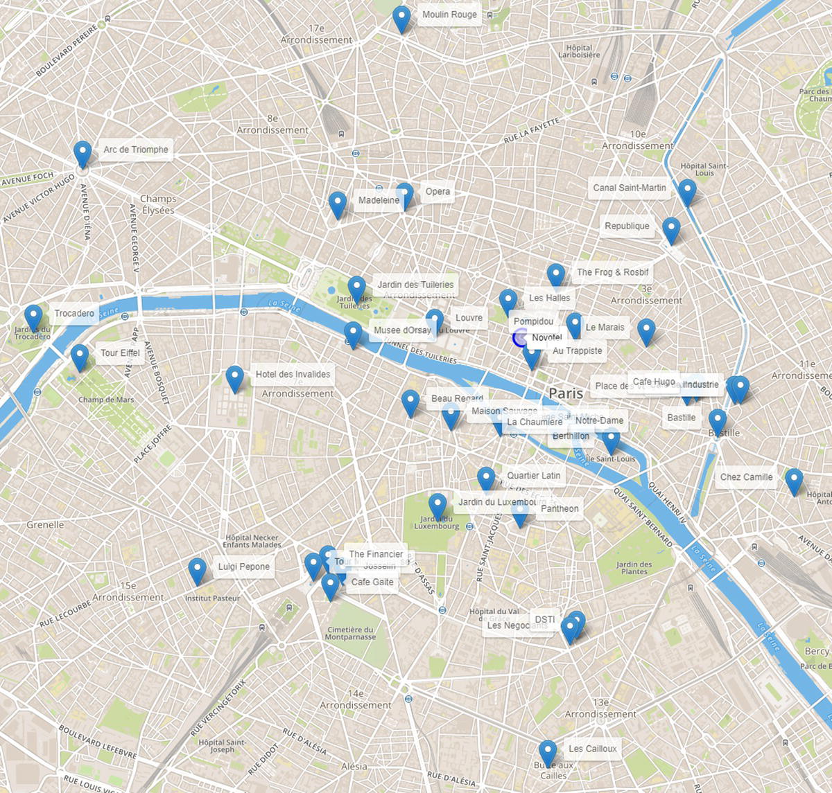 Schematic illustration of places to be visited in the optimal tour in Paris.