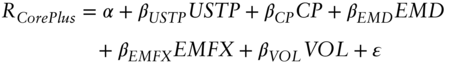 StartLayout 1st Row 1st Column upper R Subscript italic CorePlus 2nd Column equals alpha plus beta Subscript italic USTP Baseline italic USTP plus beta Subscript italic upper C upper P Baseline italic upper C upper P plus beta Subscript italic upper E upper M upper D Baseline italic upper E upper M upper D 2nd Row 1st Column Blank 2nd Column plus beta Subscript italic EMFX Baseline italic EMFX plus beta Subscript italic upper V upper O upper L Baseline italic upper V upper O upper L plus epsilon EndLayout