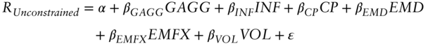 StartLayout 1st Row 1st Column upper R Subscript italic Unconstrained 2nd Column equals alpha plus beta Subscript italic GAGG Baseline italic GAGG plus beta Subscript italic upper I upper N upper F Baseline italic upper I upper N upper F plus beta Subscript italic upper C upper P Baseline italic upper C upper P plus beta Subscript italic upper E upper M upper D Baseline italic upper E upper M upper D 2nd Row 1st Column Blank 2nd Column plus beta Subscript italic EMFX Baseline italic EMFX plus beta Subscript italic upper V upper O upper L Baseline italic upper V upper O upper L plus epsilon EndLayout