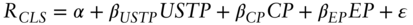 upper R Subscript italic upper C upper L upper S Baseline equals alpha plus beta Subscript italic USTP Baseline italic USTP plus beta Subscript italic upper C upper P Baseline italic upper C upper P plus beta Subscript italic upper E upper P Baseline italic upper E upper P plus epsilon