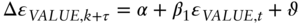 normal upper Delta epsilon Subscript italic VALUE comma k plus tau Baseline equals alpha plus beta 1 epsilon Subscript italic VALUE comma t Baseline plus theta