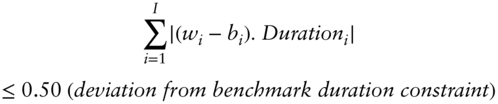 StartLayout 1st Row sigma-summation Underscript i equals 1 Overscript upper I Endscripts StartAbsoluteValue left-parenthesis w Subscript i Baseline minus b Subscript i Baseline right-parenthesis period italic Duration Subscript i Baseline EndAbsoluteValue 2nd Row less-than-or-equal-to 0.50 left-parenthesis italic deviation from benchmark duration constraint right-parenthesis EndLayout