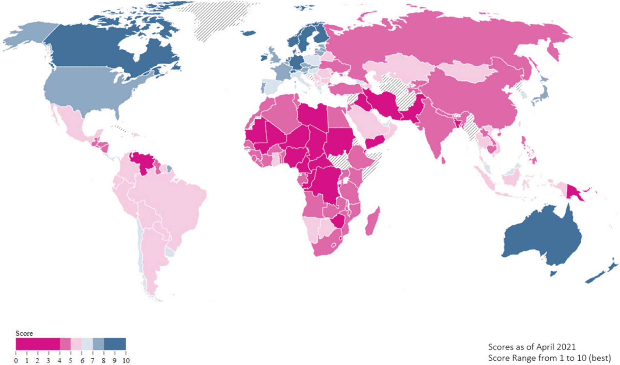 Schematic illustration of global map showing country level sustainability scores.
