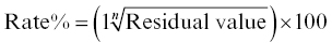 Rate percent-sign equals left-parenthesis 1 RootIndex n StartRoot upper R e s i d u a l v a l u e EndRoot right-parenthesis times 100