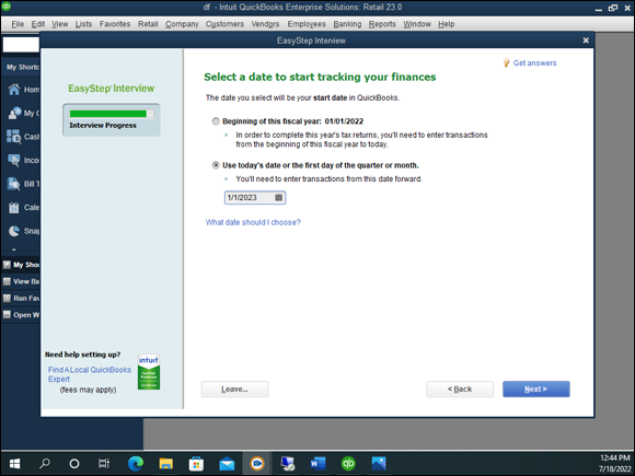 Snapshot of the EasyStep Interview dialog box that lets you select the start date.