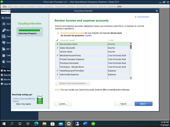 Snapshot of the EasyStep Interview screen shows you its recommended income and expense accounts.