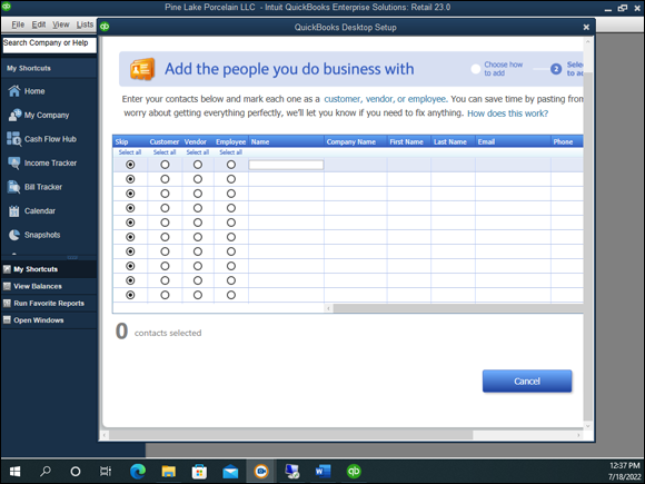 Snapshot of the QuickBooks Setup screen that collects information about the people you do business with.