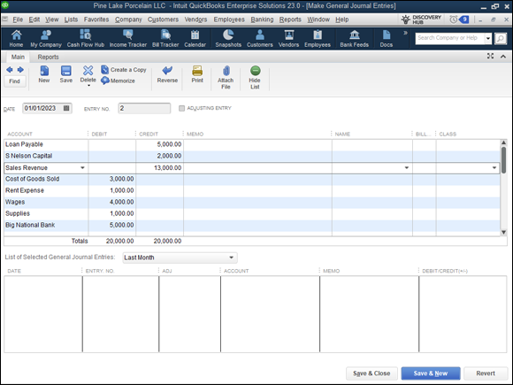 Snapshot of the Make General Journal Entries window, showing the final part of a more-complicated trial balance.
