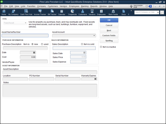 Snapshot of describing each fixed asset by using the New Item window.