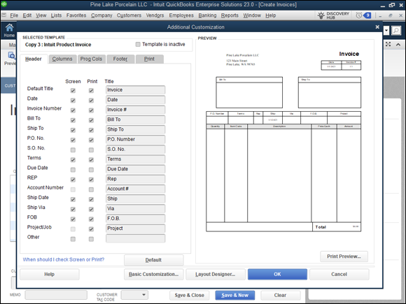 Snapshot of the Header tab of the Additional Customization dialog box.