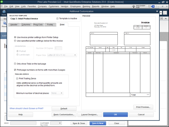 Snapshot of the Print tab of the Additional Customization dialog box.