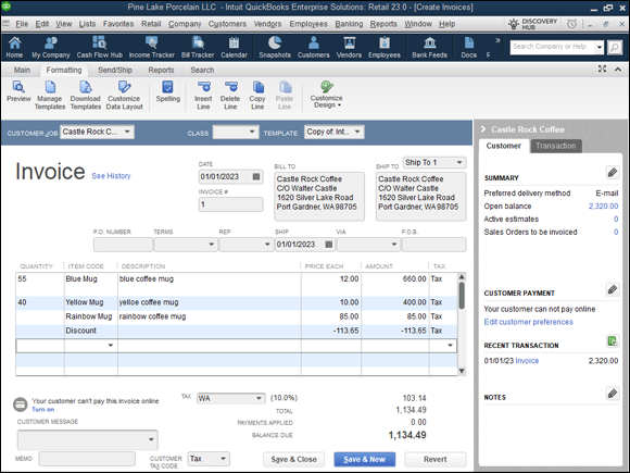 Snapshot of how a Create Invoices window may look when complete.