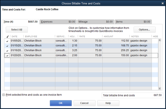 Snapshot of the Choose Billable Time and Costs dialog box.