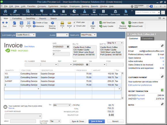 Snapshot of the Create Invoices window, billing for billable time.
