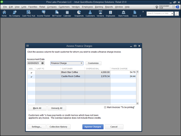 Snapshot of the Assess Finance Charges dialog box.