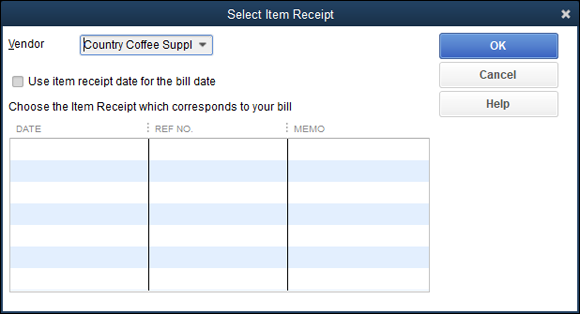 Snapshot of the Select Item Receipt dialog box.