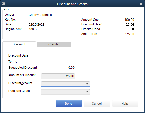 Snapshot of the Discount tab of the Discount and Credits dialog box.