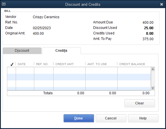 Snapshot of the Credits tab of the Discount and Credits dialog box.