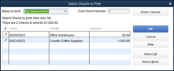 Snapshot of the Select Checks to Print dialog box.