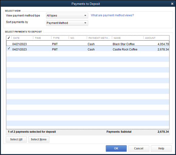 Snapshot of the Payments to Deposit dialog box.