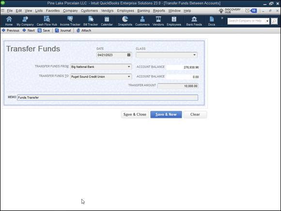 Snapshot of the Transfer Funds between Accounts window.