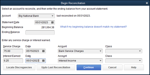 Snapshot of the Begin Reconciliation dialog box.