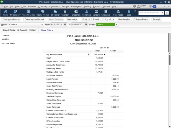 Snapshot of the Trial Balance report.
