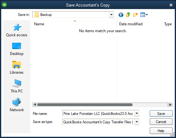 Snapshot of the final Save Accountant's Copy dialog box.