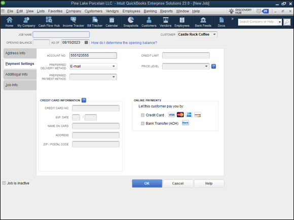 Snapshot of the Payment Settings tab of the New Job window.